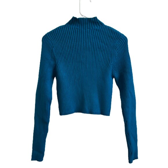 NWT Zara Turquoise Ribbed Cropped Mock Neck Sweater M NWT Viscose Blend Pullover - Picture 3 of 8